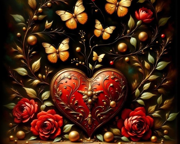 Ornate Heart Surrounded by Floral Designs and Butterflies