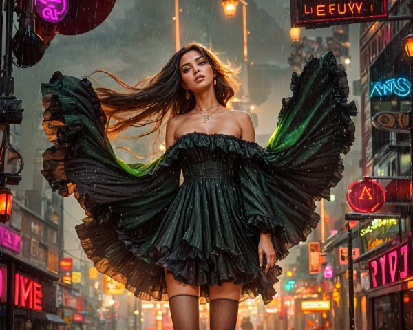 Young woman in off-the-shoulder black dress in city