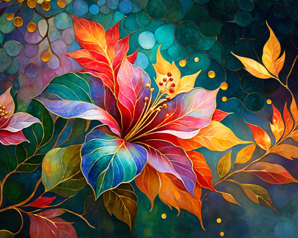 Vibrant Tropical Artwork with Bold Leaves and Flowers