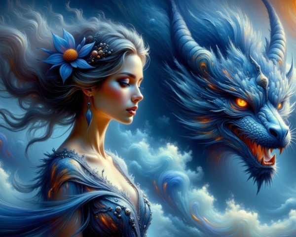 Mystical Scene of Woman and Dragon in Fantasy Setting