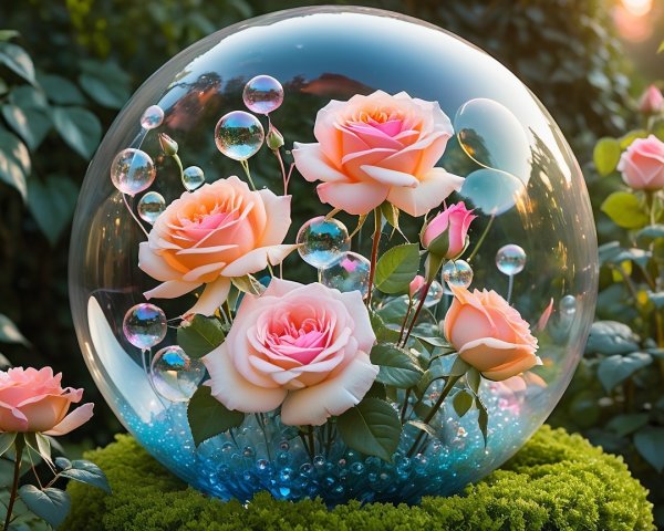 Glass Dome with Pink Roses and Iridescent Bubbles