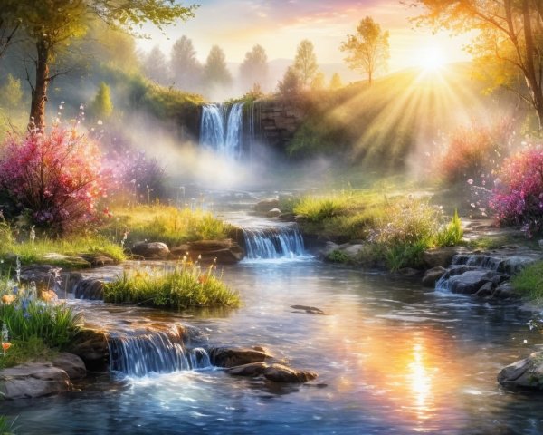 Tranquil Stream in Lush Green Landscape with Cascades