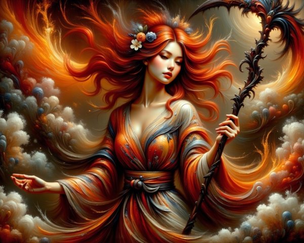 Figure with Red Hair in Elemental Magic Scene