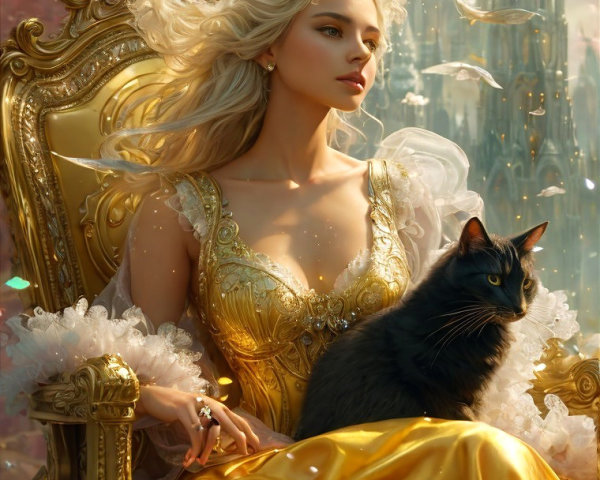 Regal figure on golden throne with whimsical birds