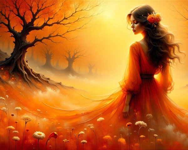 Woman in Orange Gown in Autumn Landscape
