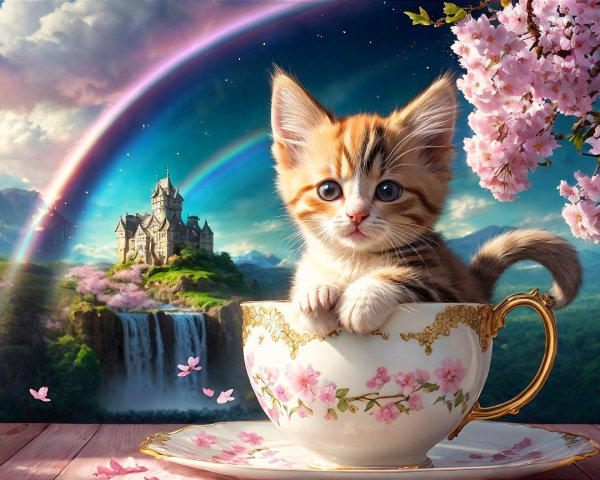 Kitten in Teacup with Castle and Rainbow Background