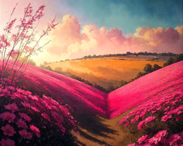 Vibrant Landscape of Rolling Hills with Pink Flowers