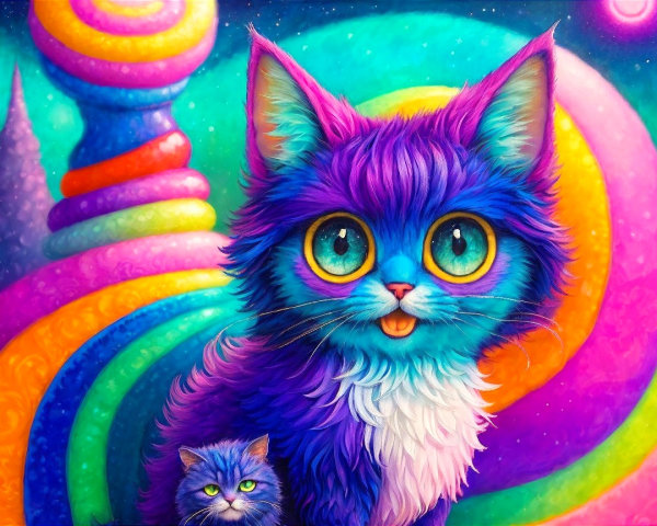 Colorful Whimsical Cat with Psychedelic Background