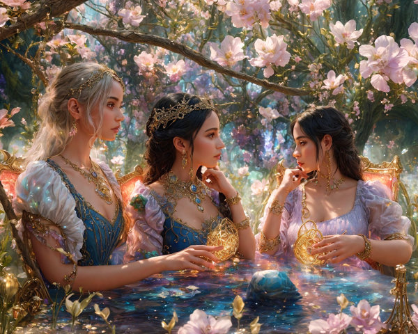 Elegant Women at a Jewelled Table in Cherry Blossoms
