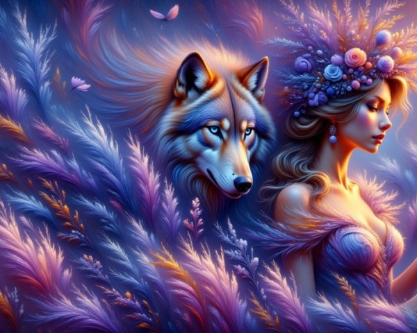Fantasy Nature Scene with Floral Elements and Wolf
