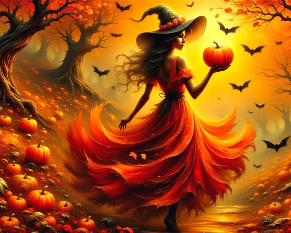 Witch Silhouette in Autumn Scene with Pumpkins and Bats
