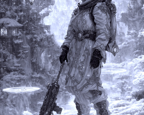 Monochrome Landscape with Mysterious Figure and Armor