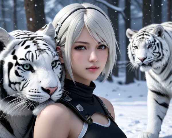 Young Woman with White Tigers in Snowy Forest