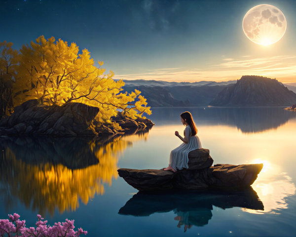 Twilight Scene with Woman by Tranquil Lake and Mountains