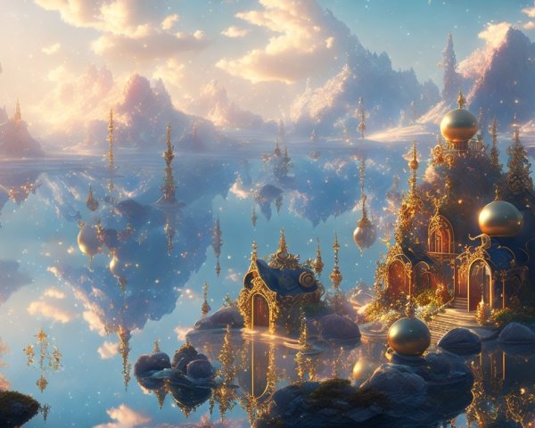 Serene Landscape with Golden Structures and Mountains