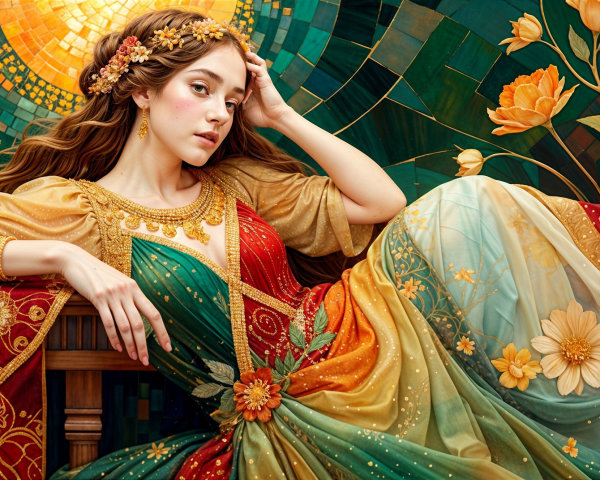Young Woman in Colorful Gown with Mosaic Background