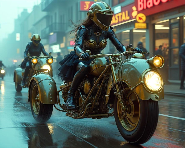 Motorcycle Riders in Foggy Urban Environment