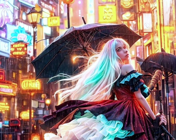 Vibrant Neon Cityscape with Rain and Umbrella Figure