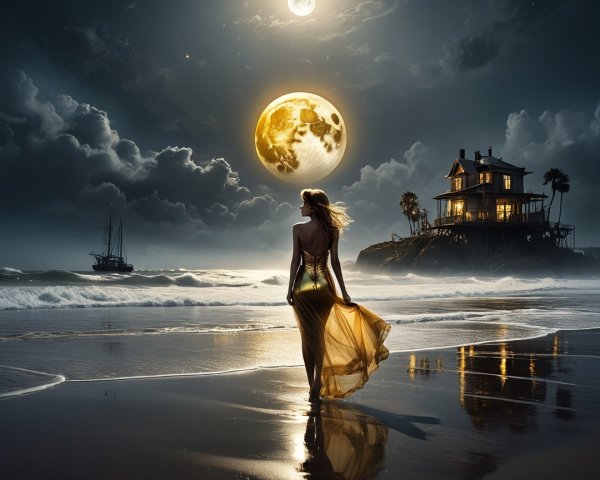 Serene Beach Scene with Moonlit Night Sky