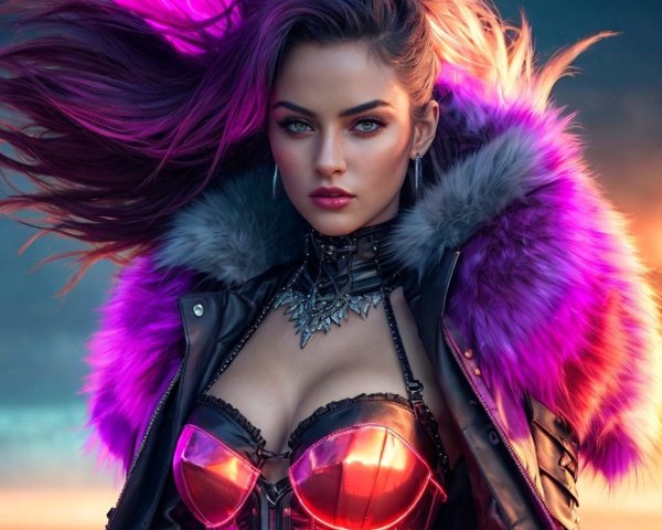 Confident Figure in Bold Corset and Sunset Background