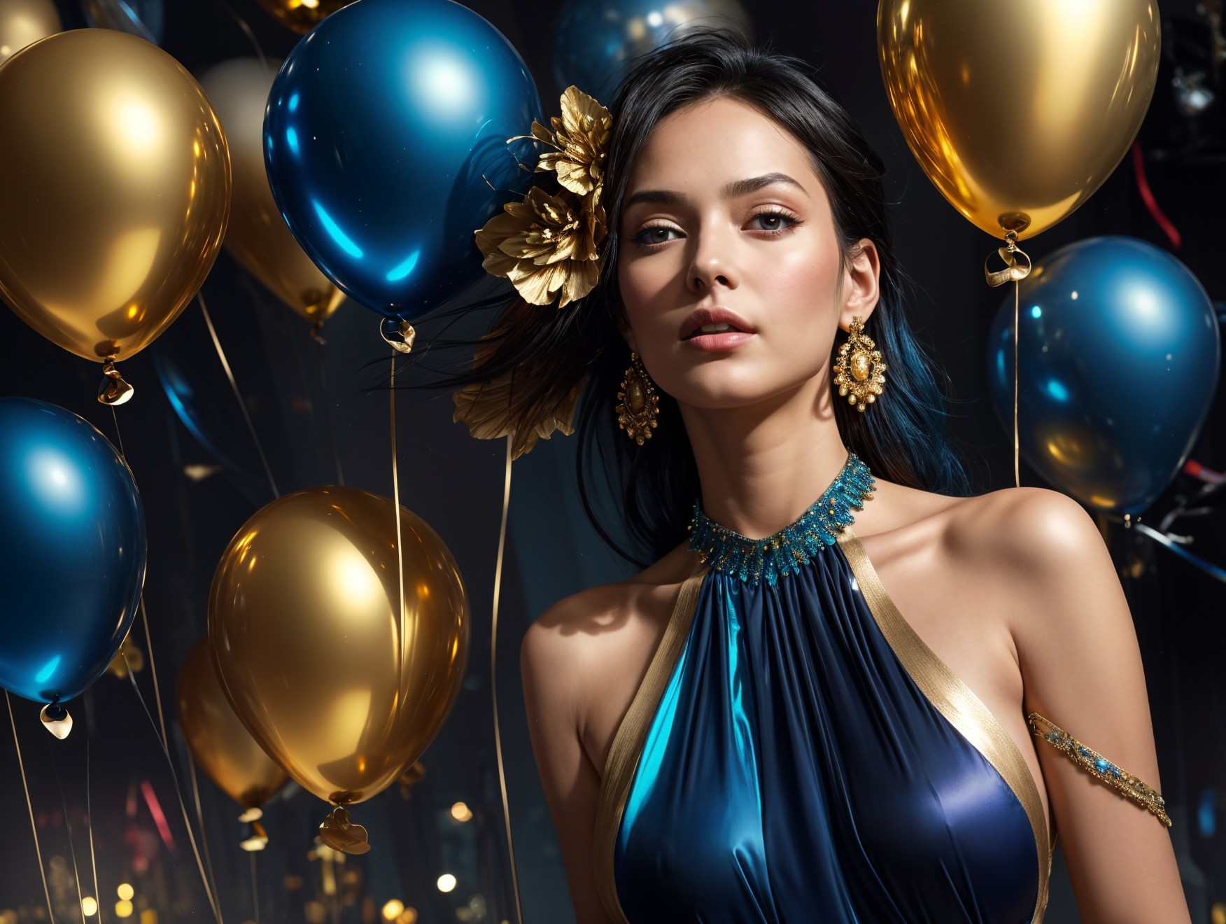 Elegant Woman in Glamorous Dress with Balloons