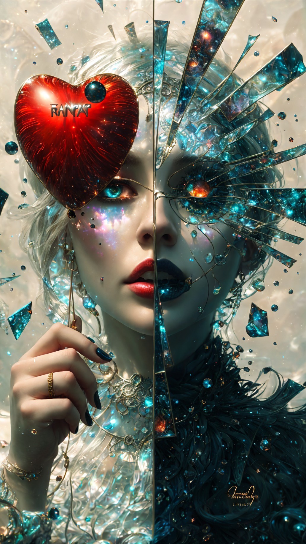 Split-faced portrait of a woman with contrasting themes