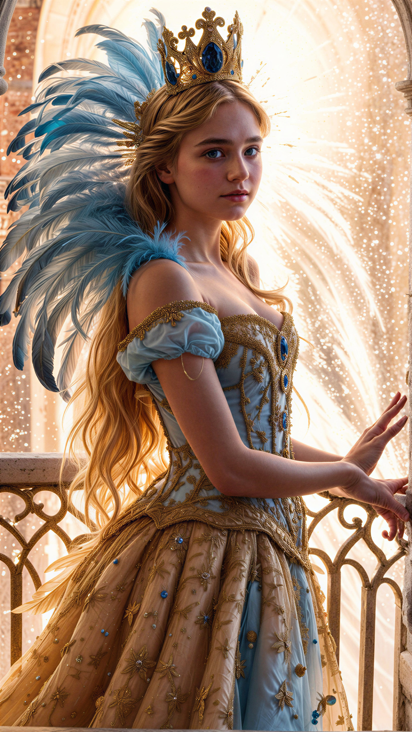Elegant young woman in gown with feathered crown