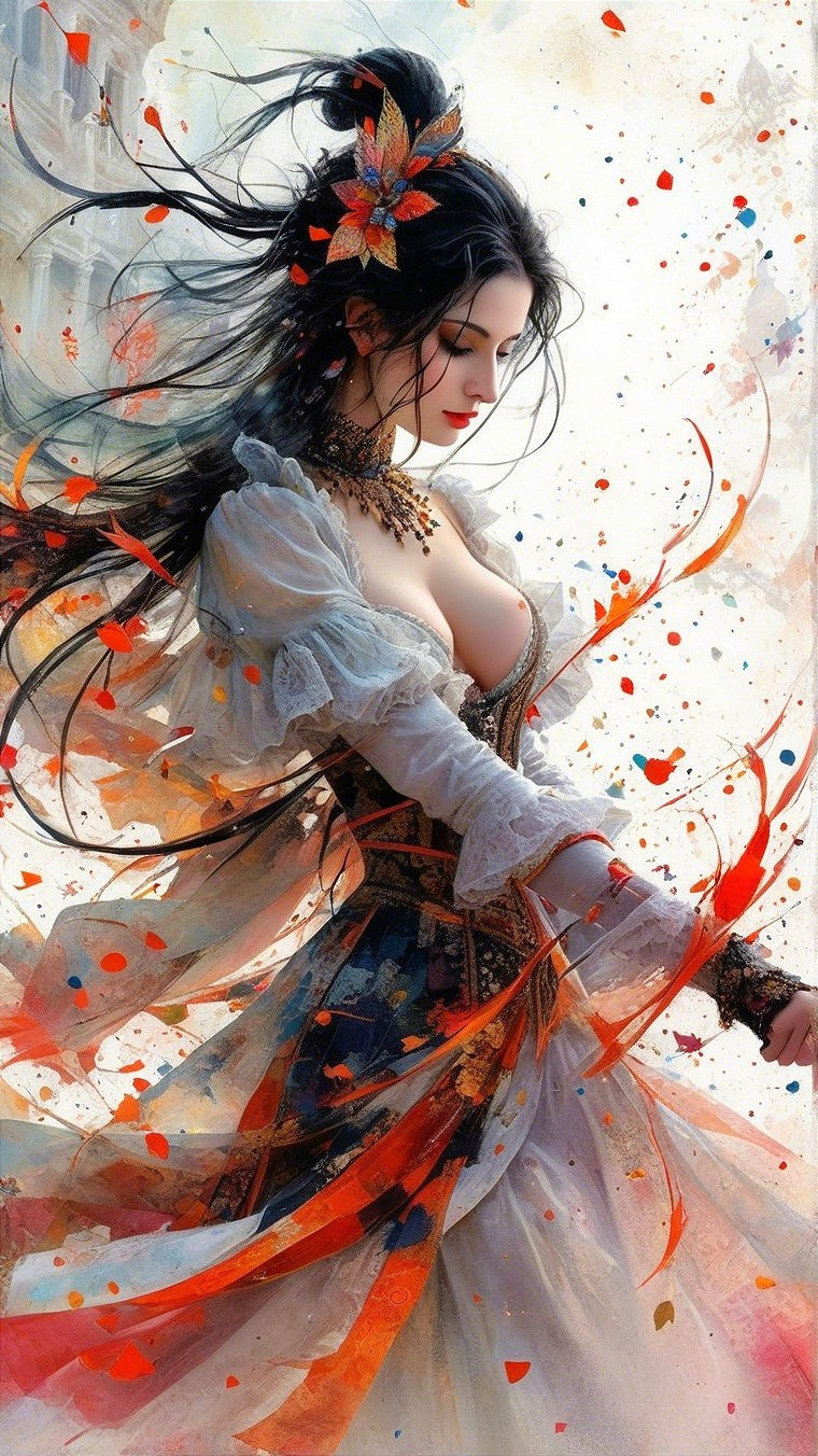Elegant figure in vibrant dress with intricate patterns