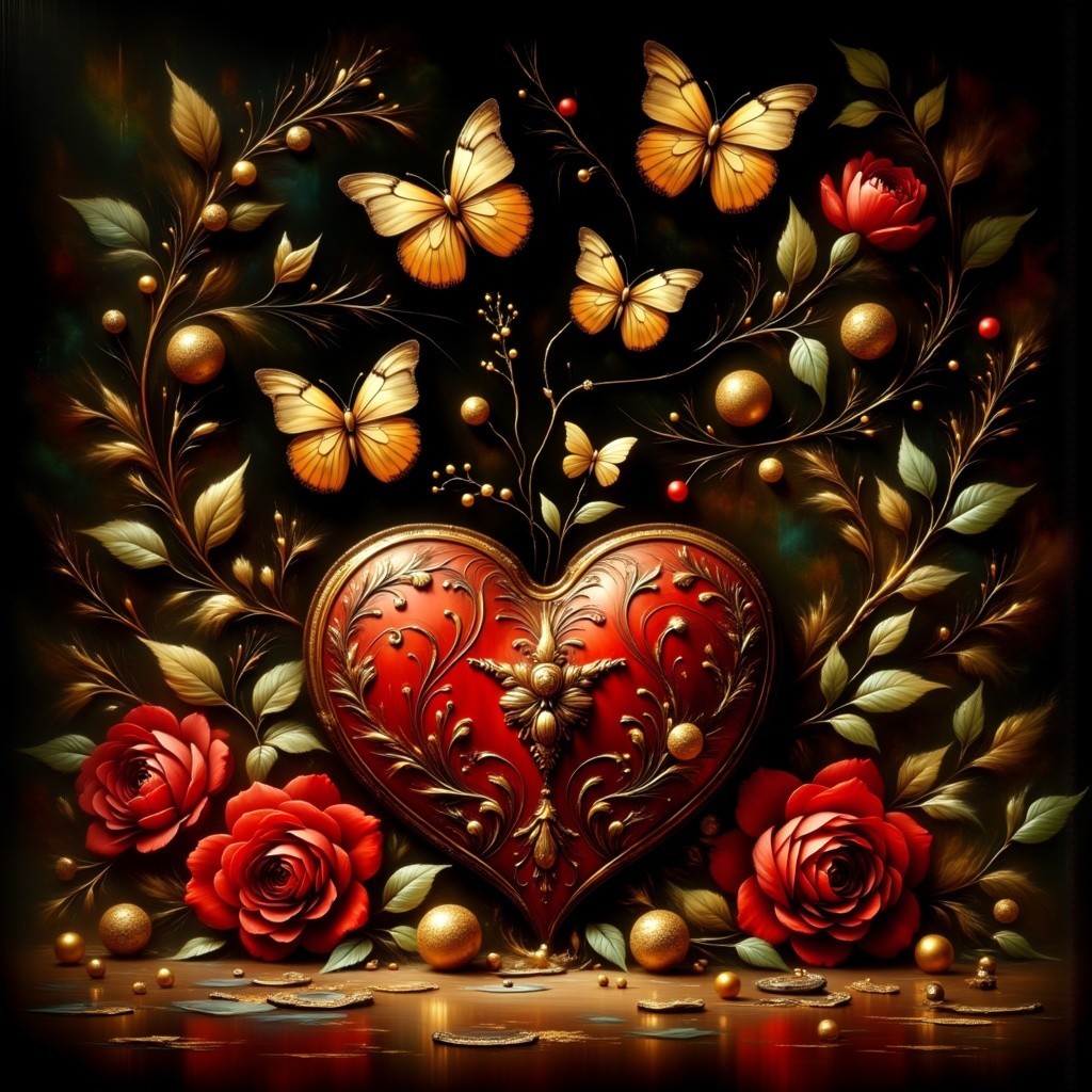 Ornate Heart Surrounded by Floral Designs and Butterflies