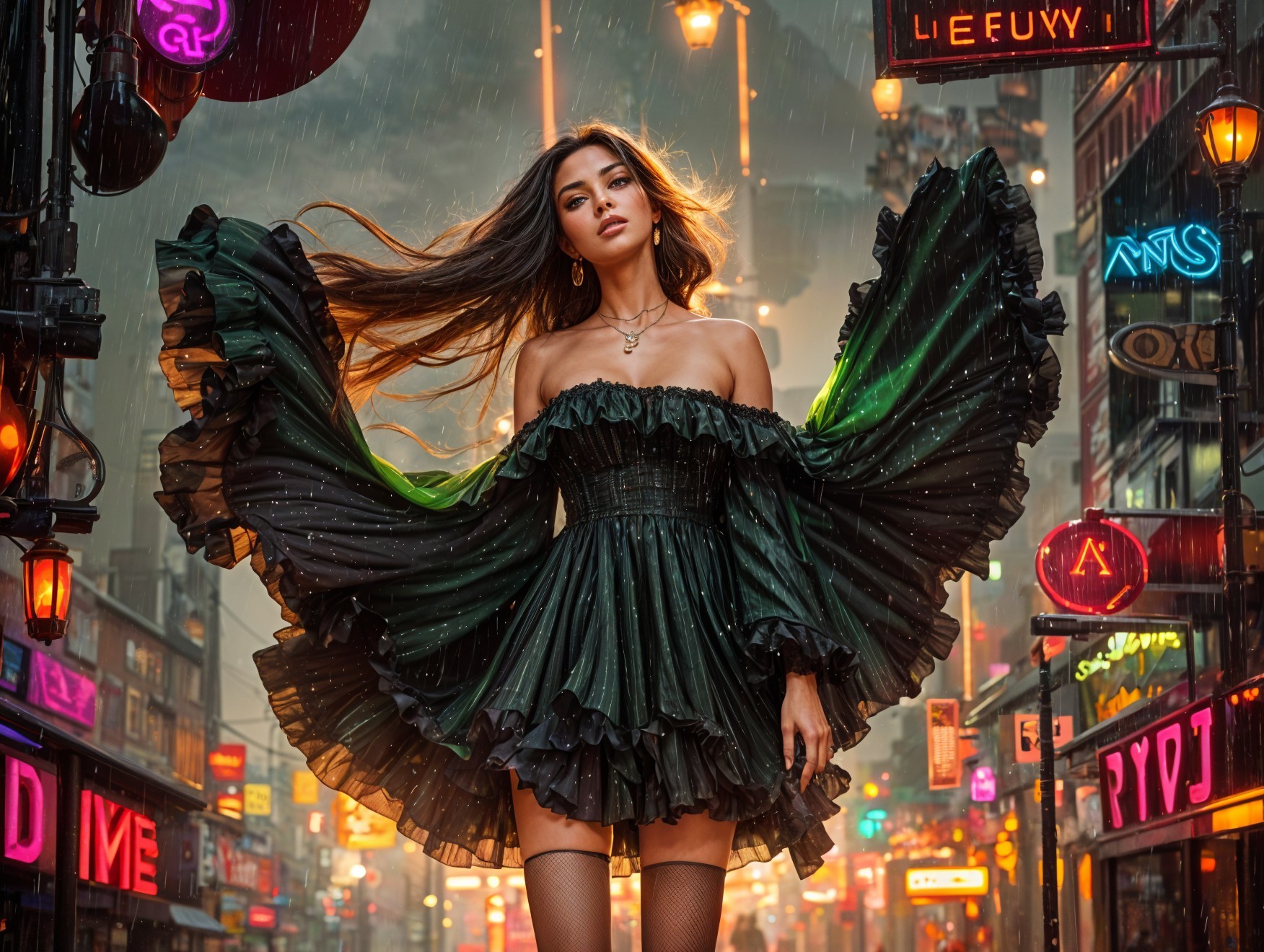 Young woman in off-the-shoulder black dress in city