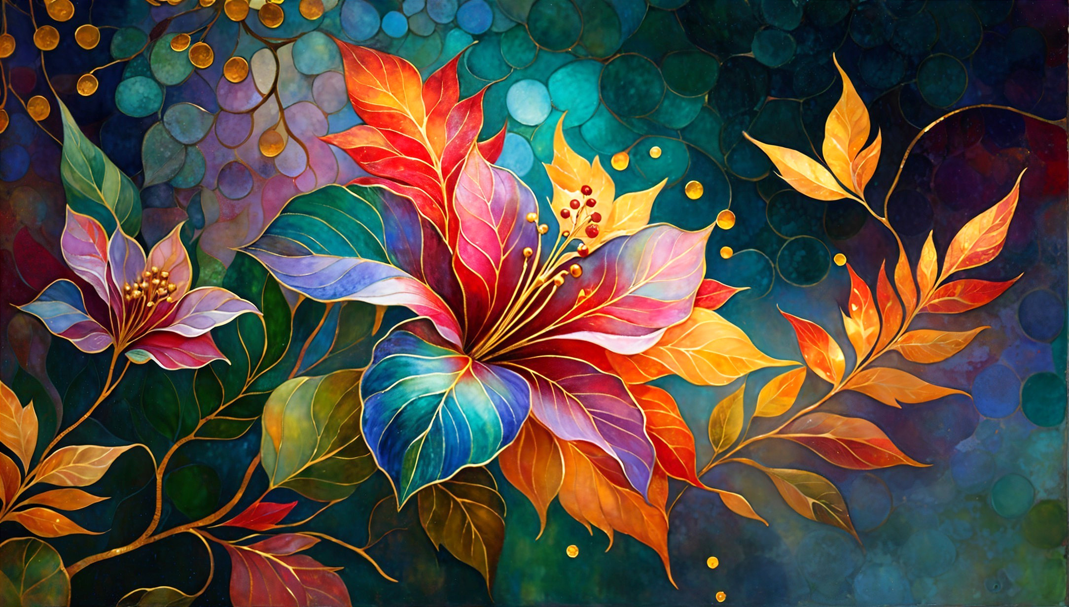 Vibrant Tropical Artwork with Bold Leaves and Flowers