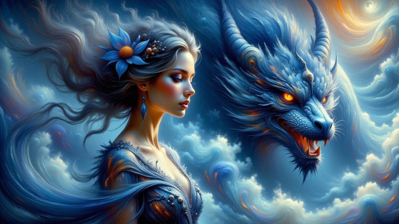 Mystical Scene of Woman and Dragon in Fantasy Setting