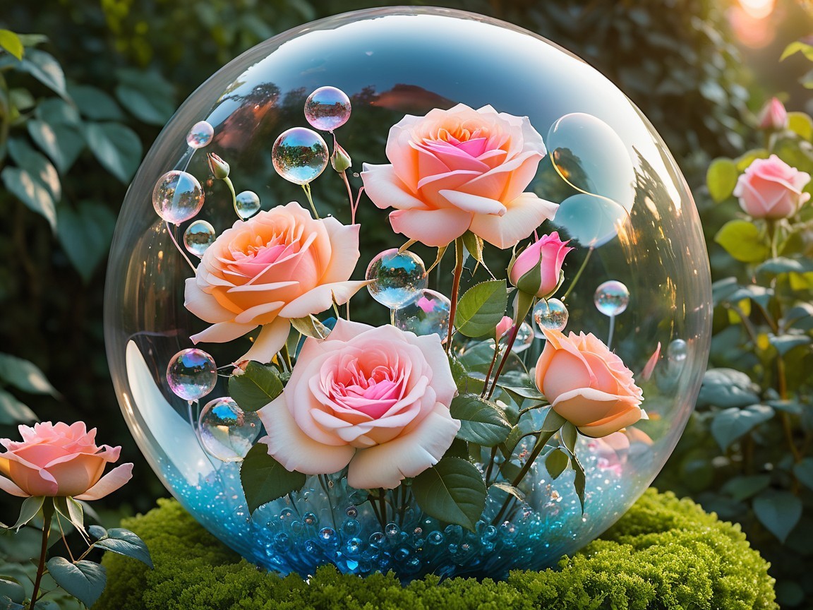 Glass Dome with Pink Roses and Iridescent Bubbles