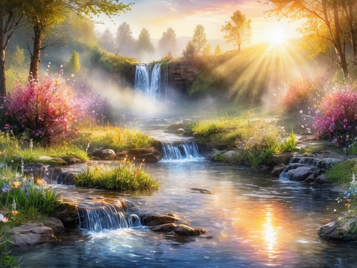 Tranquil Stream in Lush Green Landscape with Cascades