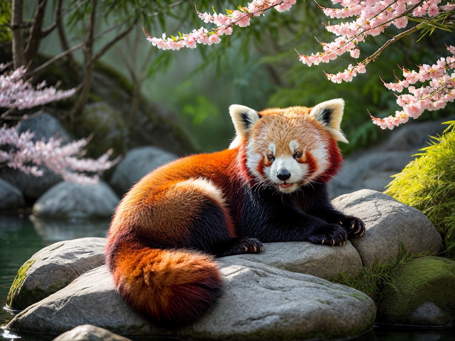 Red panda resting by a serene pond with cherry blossoms
