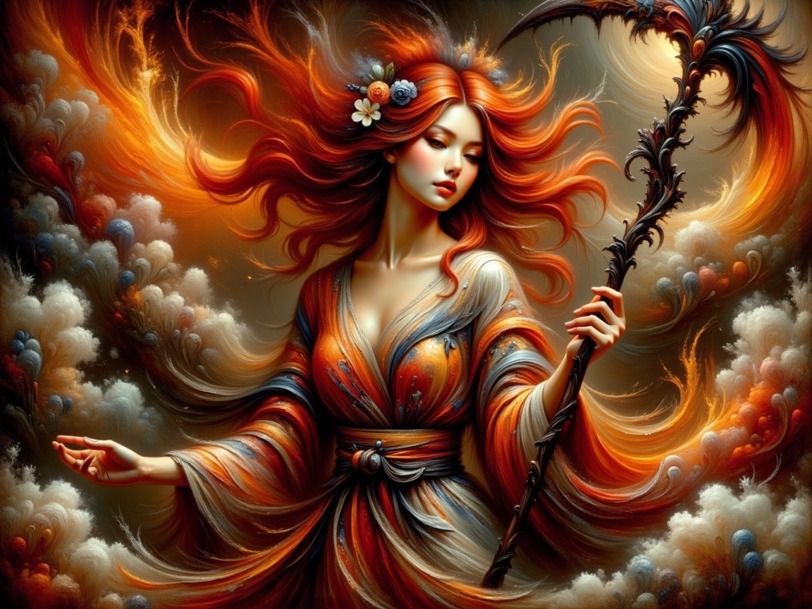 Figure with Red Hair in Elemental Magic Scene