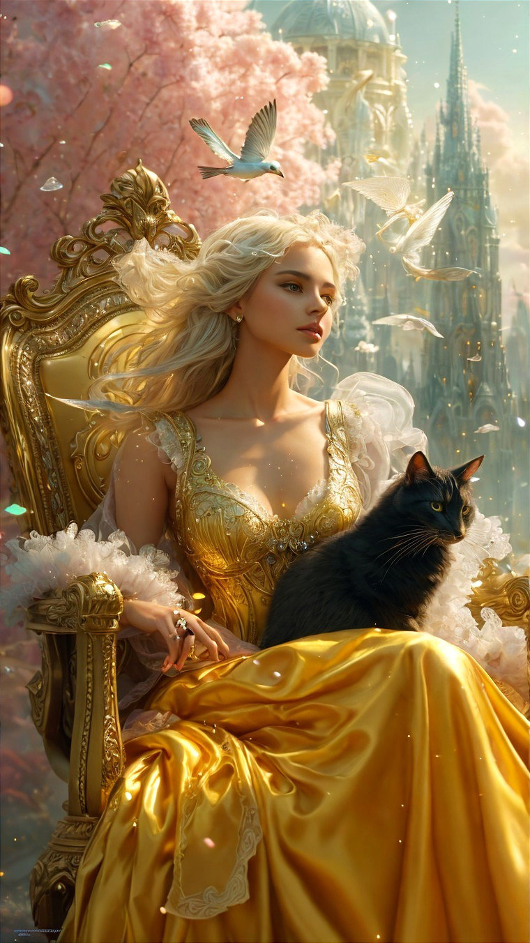 Regal figure on golden throne with whimsical birds