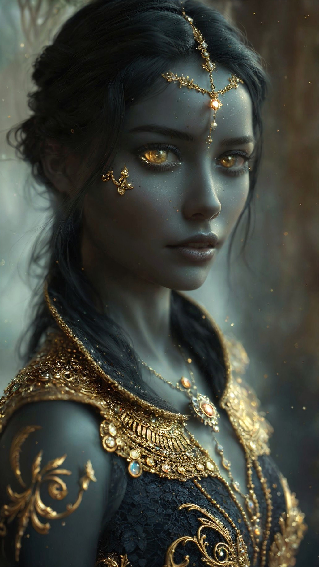 Portrait of a woman with dark skin and golden eyes