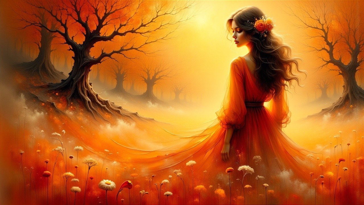 Woman in Orange Gown in Autumn Landscape