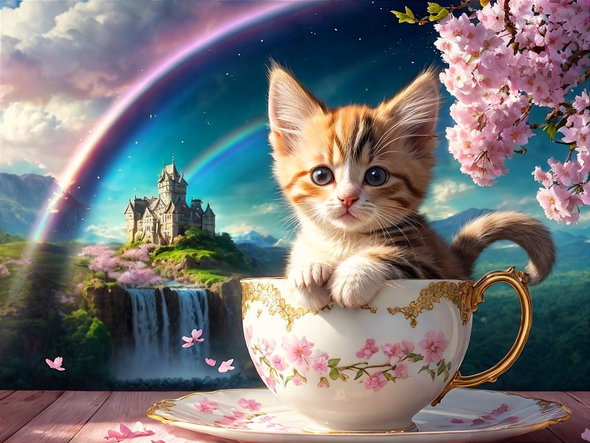Kitten in Teacup with Castle and Rainbow Background