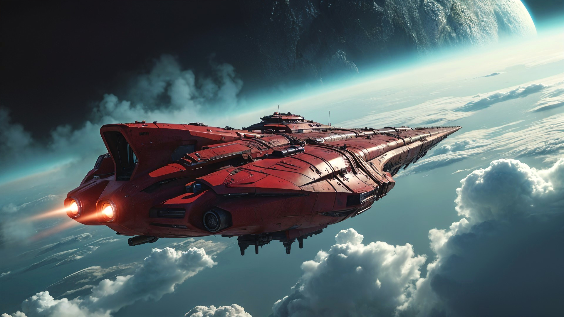 Futuristic Red Spaceship in Cosmic Exploration Scene