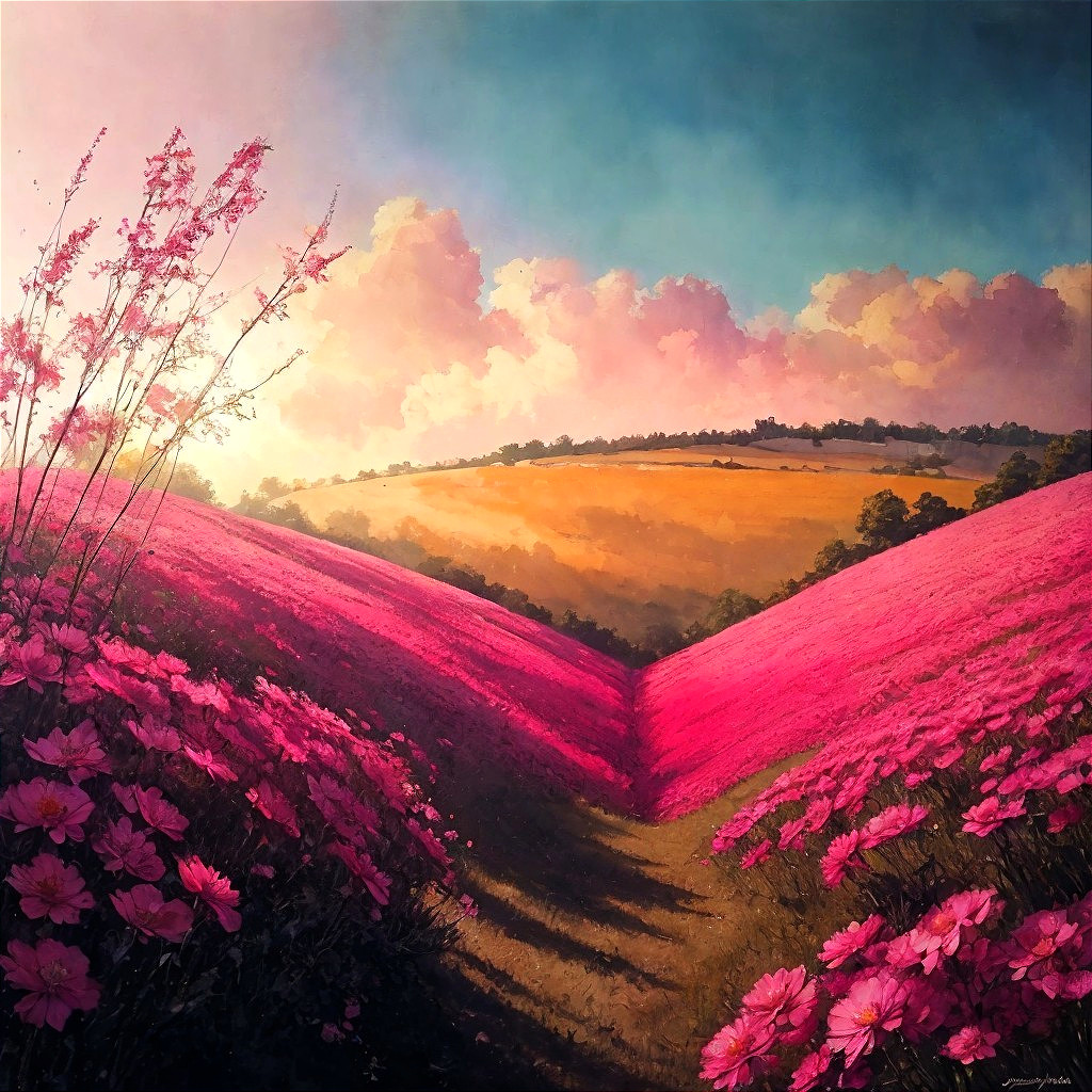 Vibrant Landscape of Rolling Hills with Pink Flowers