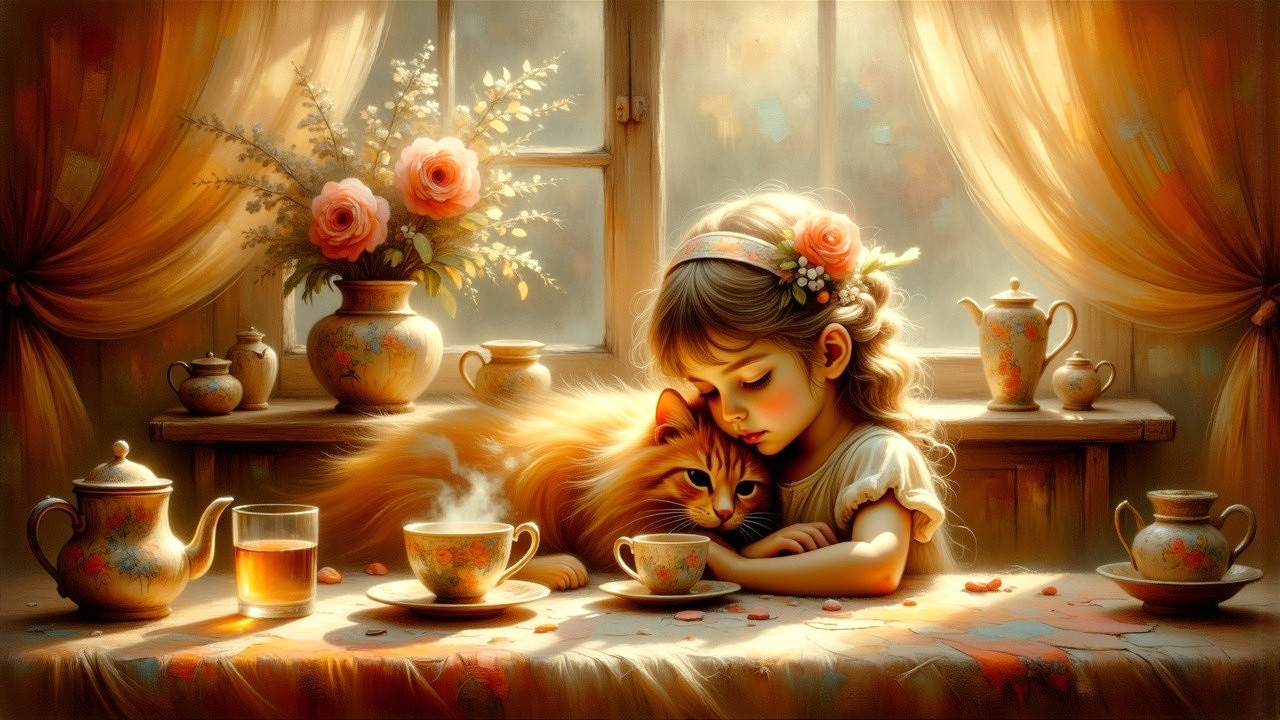 Cozy Moment with a Fluffy Cat and Tea