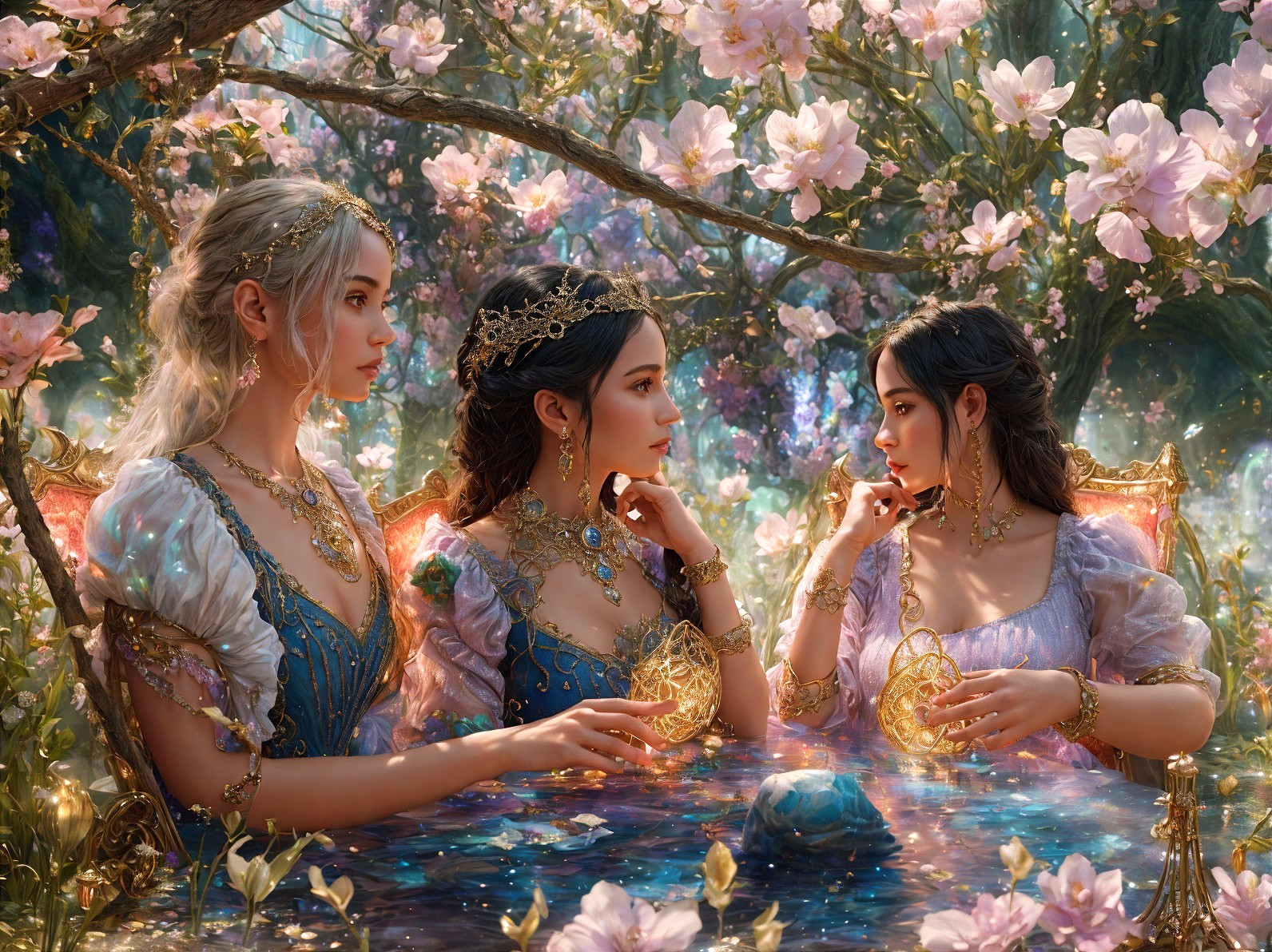 Elegant Women at a Jewelled Table in Cherry Blossoms