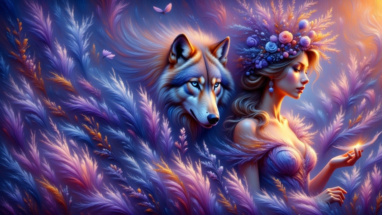 Fantasy Nature Scene with Floral Elements and Wolf