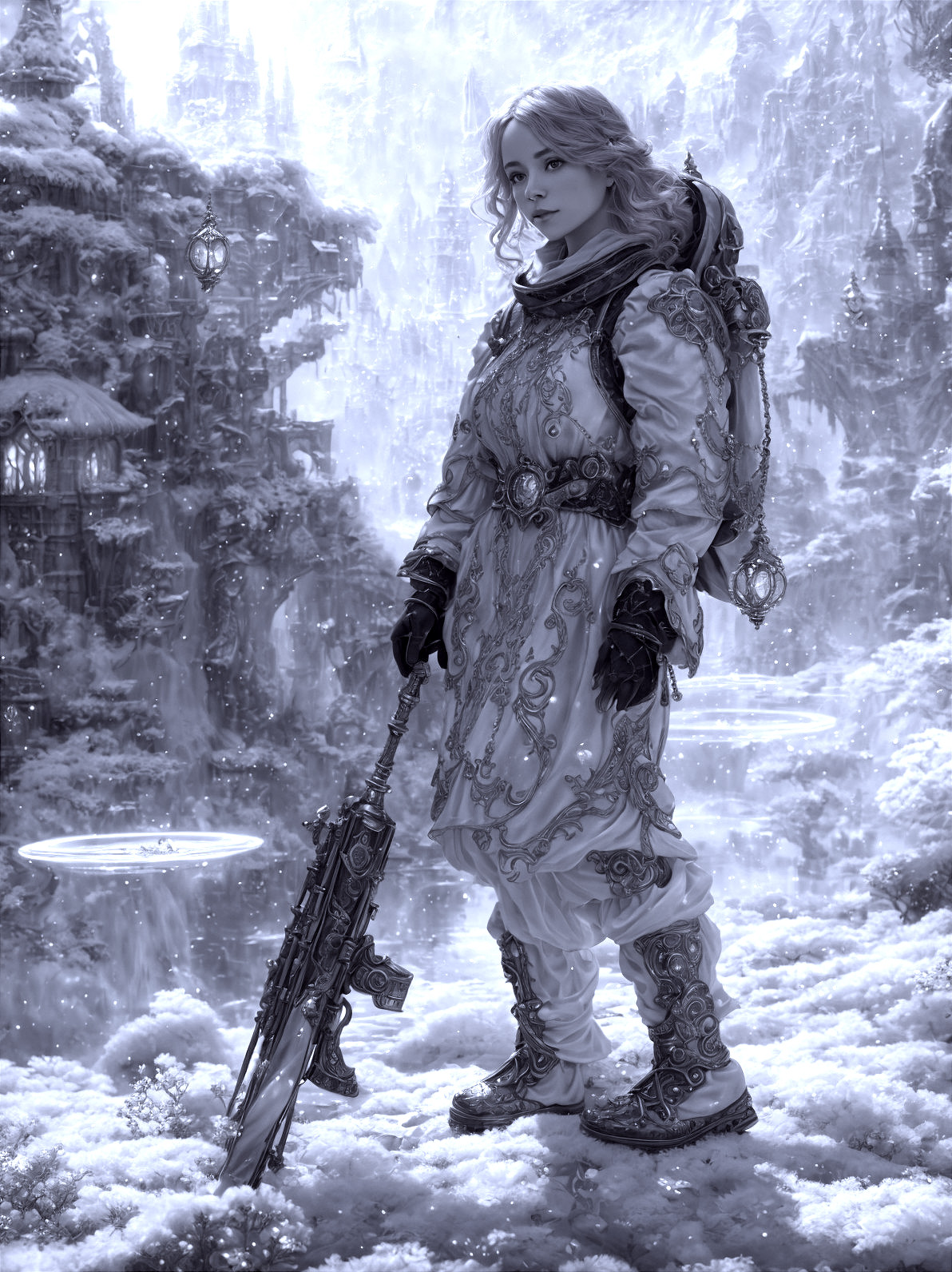 Monochrome Landscape with Mysterious Figure and Armor