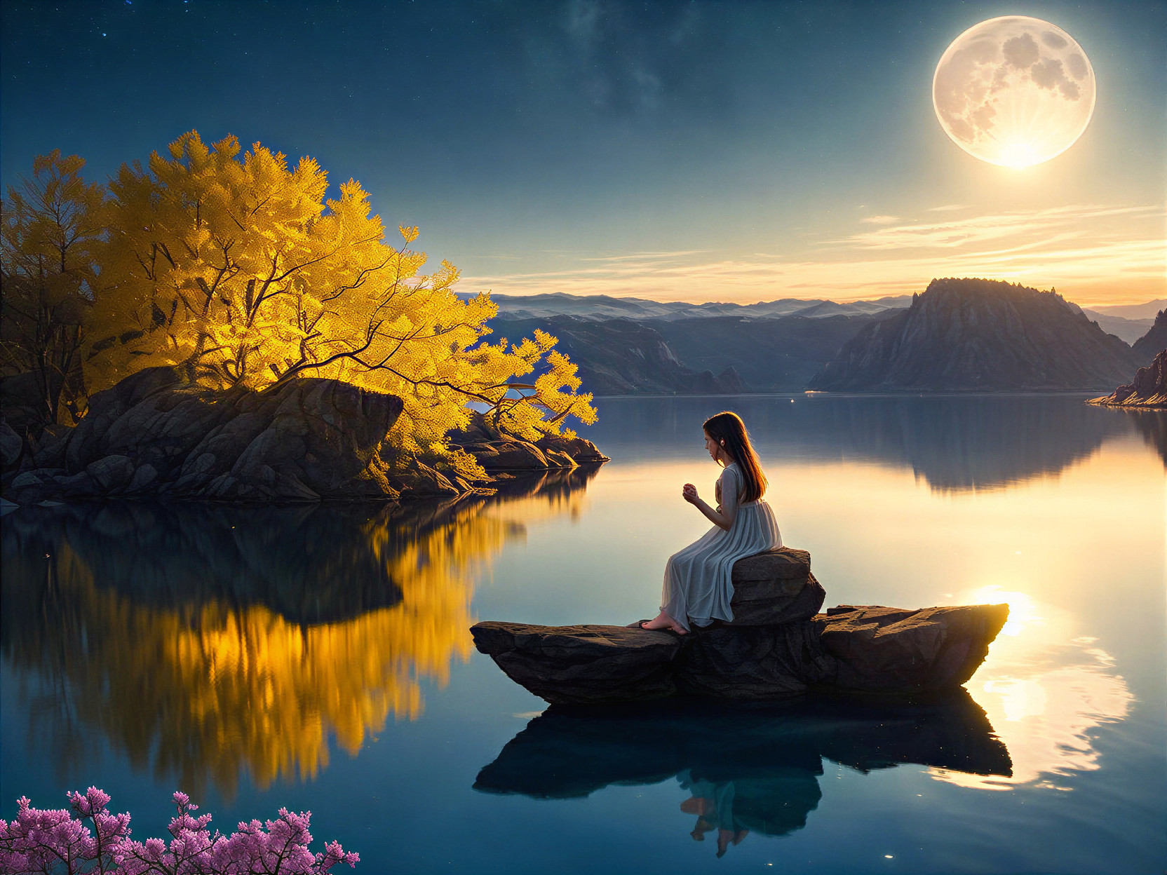 Twilight Scene with Woman by Tranquil Lake and Mountains