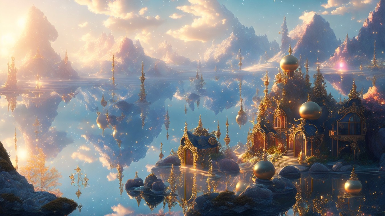 Serene Landscape with Golden Structures and Mountains