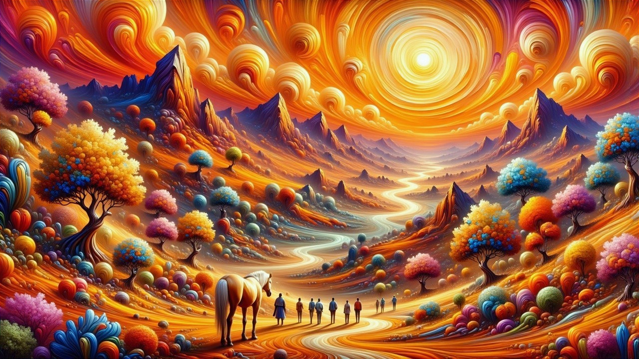Surreal Landscape with Colorful Mountains and River