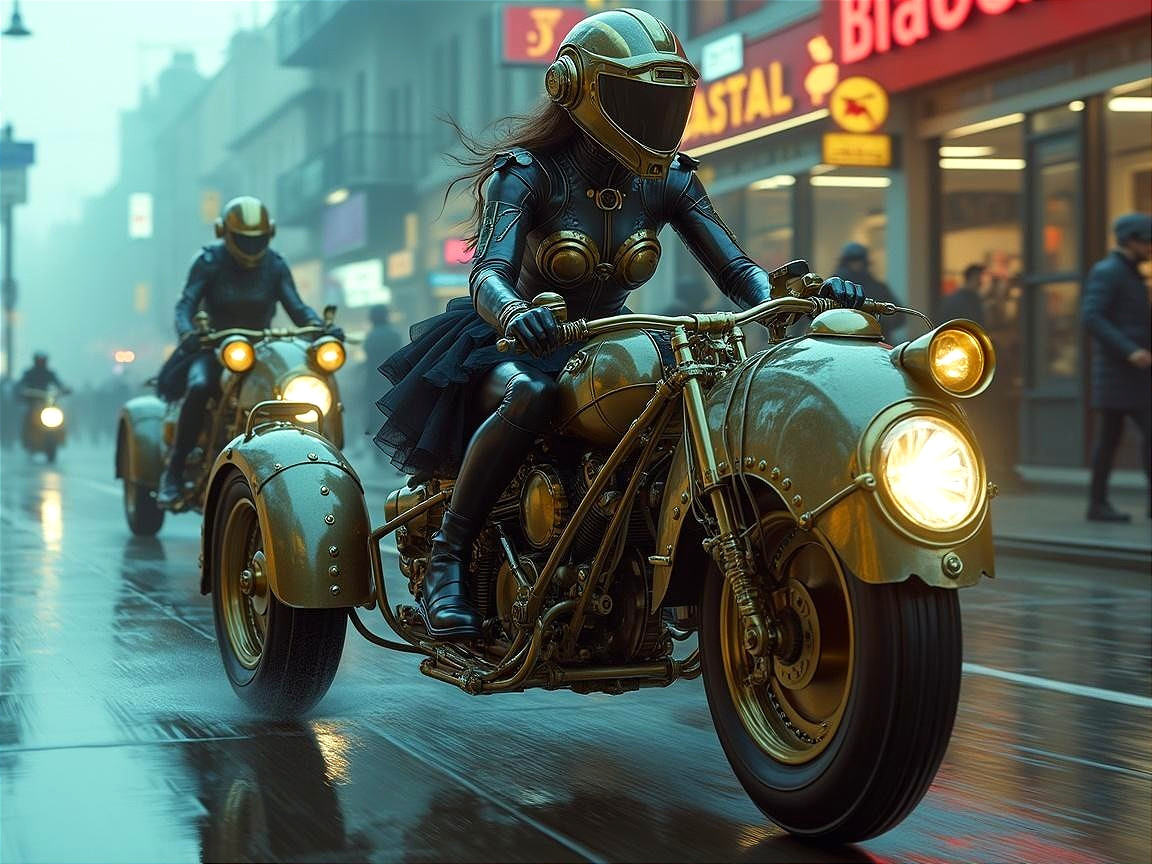 Motorcycle Riders in Foggy Urban Environment